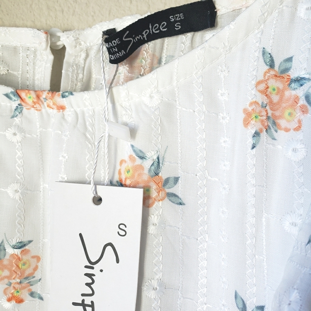 White Eyelet Embroidered Floral Flutter Sleeve Tiered Skirt Cotton Dress - Picture 13 of 16